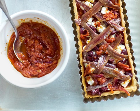 Tomato, black olive, feta & anchovy tart