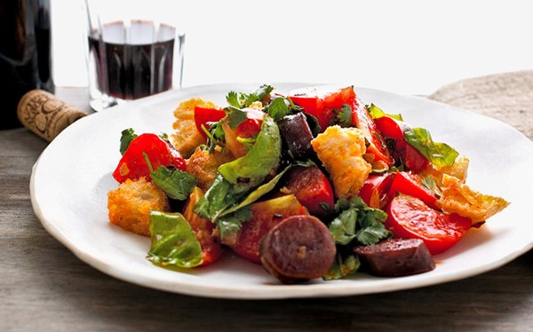Tomato bread salad with chorizo and herbs