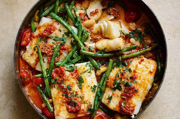 Tomato, cannellini & 'nduja baked cod