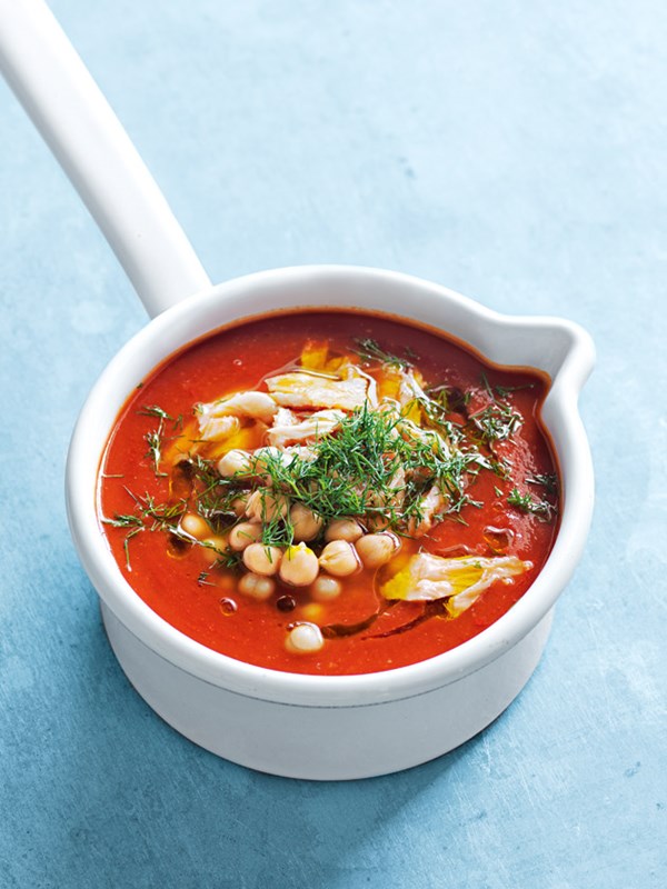 Tomato, capsicum and hot smoked salmon soup