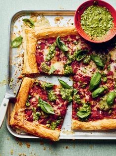 Tomato, cheddar and pesto tart