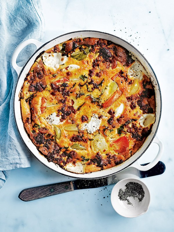 Tomato, chorizo and goat's curd frittata