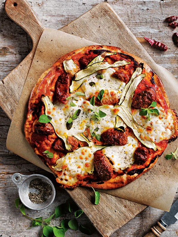 Tomato, chorizo and zucchini cheat's pizza