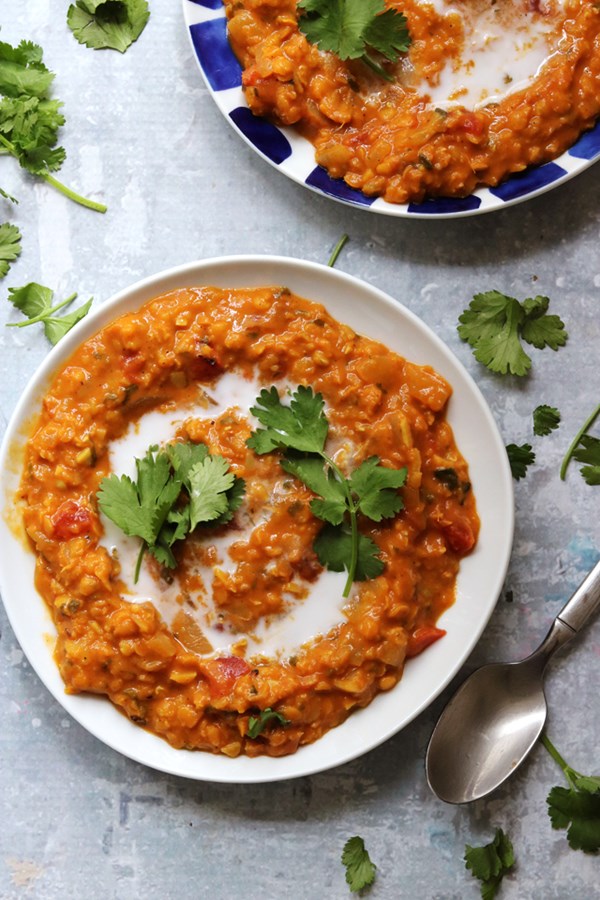 Tomato, coconut, and red lentil soup