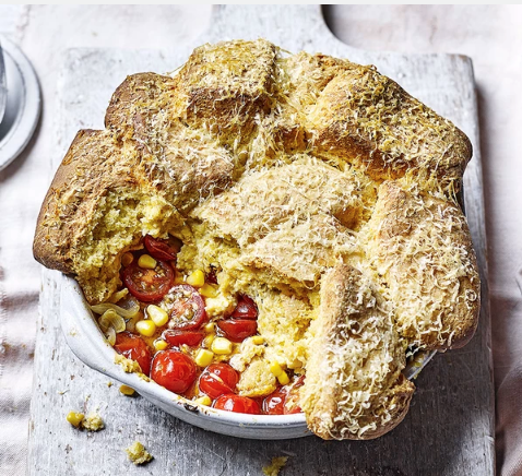 Tomato, corn, ricotta & Parmesan cobbler