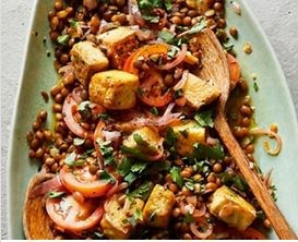Tomato, crispy tofu & lentil salad with spiced vinaigrette