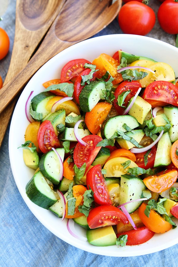 Tomato, cucumber, and avocado salad