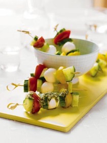 Tomato, cucumber, and mozzarella skewers
