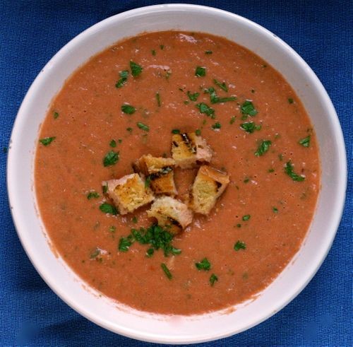 Tomato-cucumber gazpacho with grilled Parmesan croutons