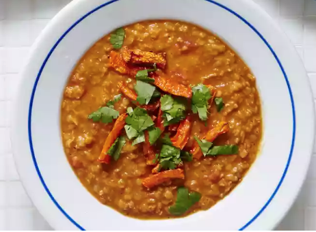 Tomato dal with roast carrots
