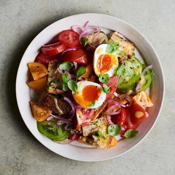 Tomato, egg, bread and herb salad