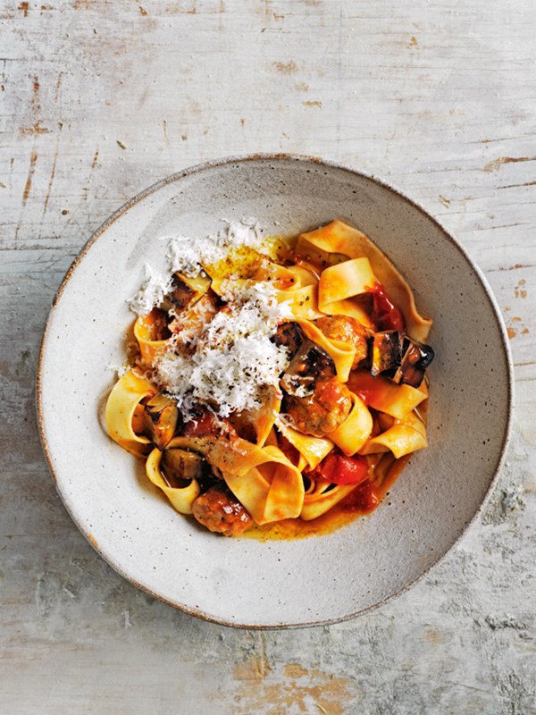 Tomato, eggplant and sausage pasta