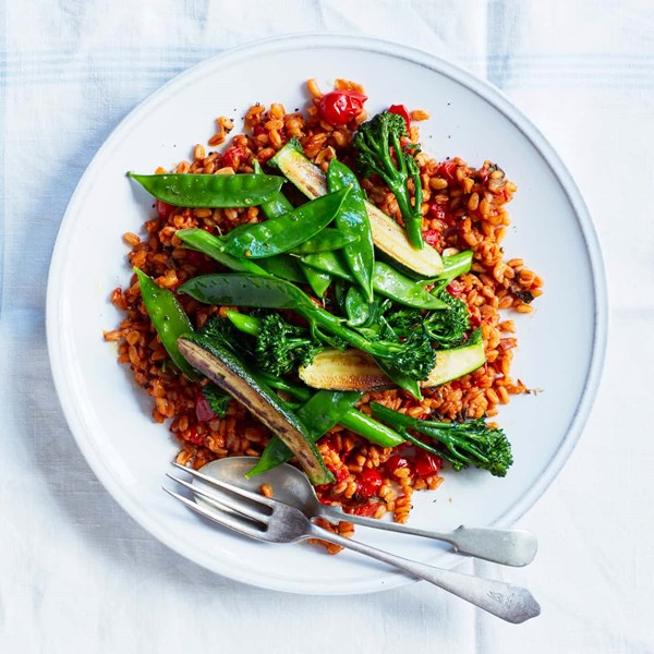 Tomato farro with summer greens and fresh oregano