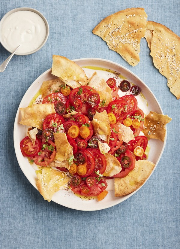 Tomato fattoush salad with spicy yoghurt dressing