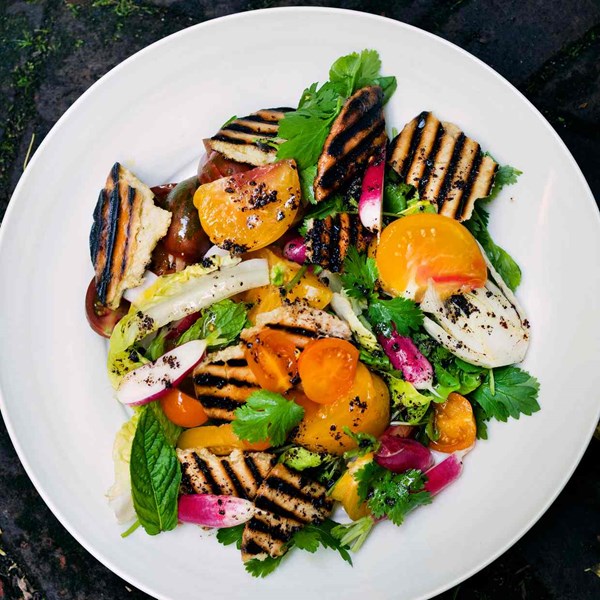 Tomato flatbread salad, sumac dressing