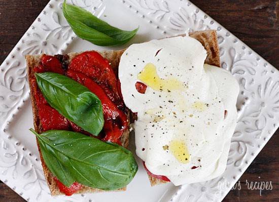 Tomato, fresh mozzarella, roasted pepper on whole wheat bread