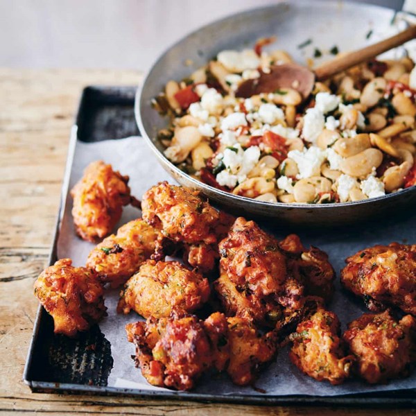 Tomato fritters with butter beans and feta