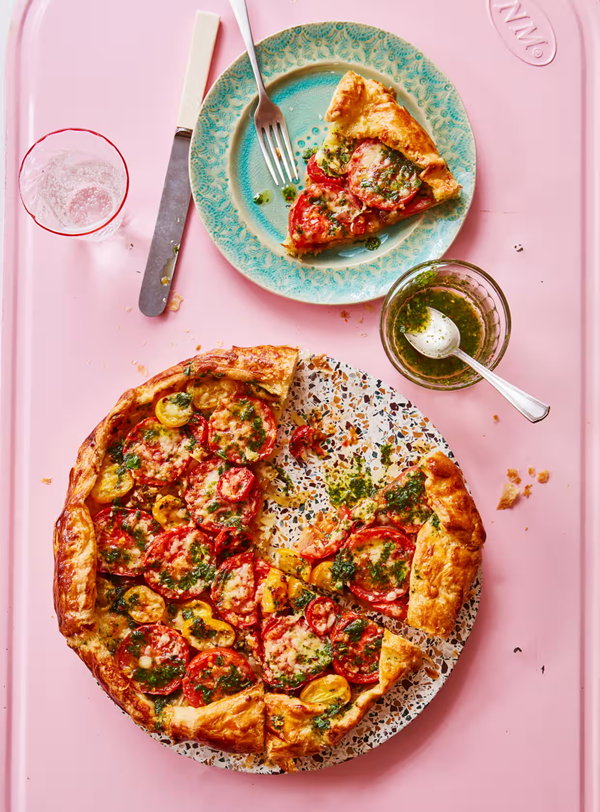 Tomato galette with basil chilli drizzle
