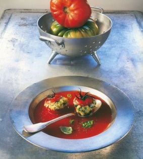 Tomato gazpacho with cabécou-stuffed tomatoes