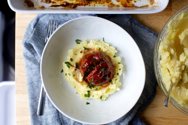 Tomato-glazed meatloaves with brown butter mashed potatoes