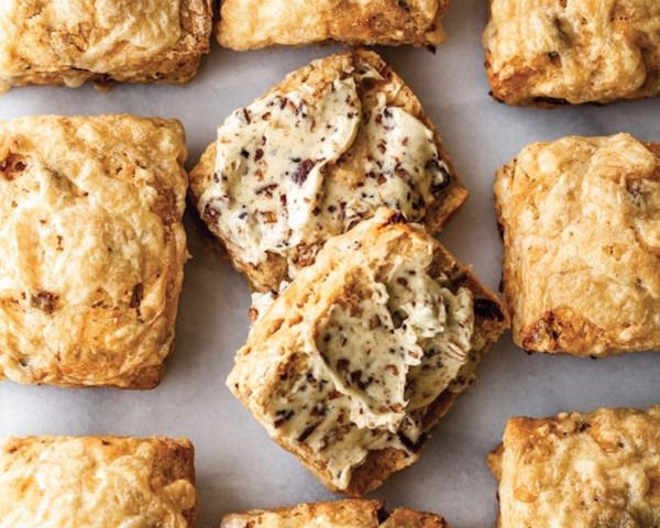 Tomato Irish soda bread dinner rolls with fried shallot butter