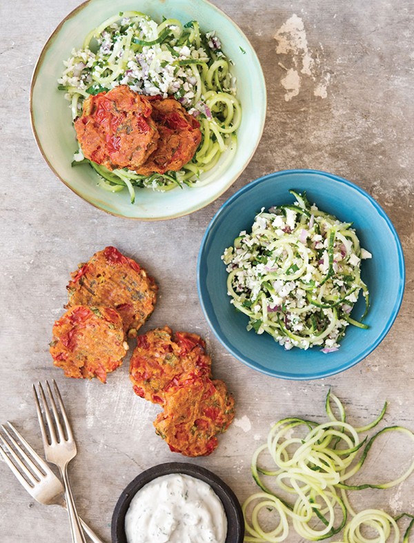 Tomato keftedes and cauliflower tabouleh salad