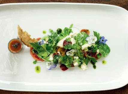 Tomato, mozzarella & avocado salad (Three-tomato, Wolds mozzarella and avocado salad with spice gazpacho and lovage pesto)