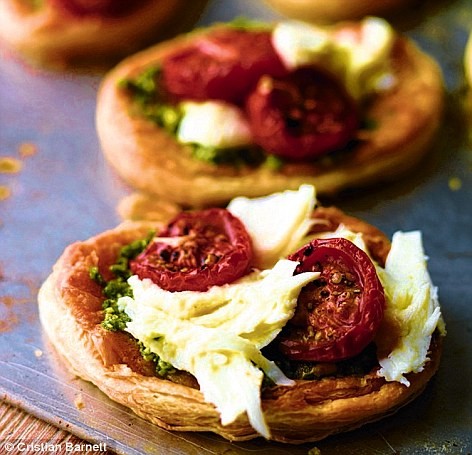 Tomato, mozzarella and pesto tarts 