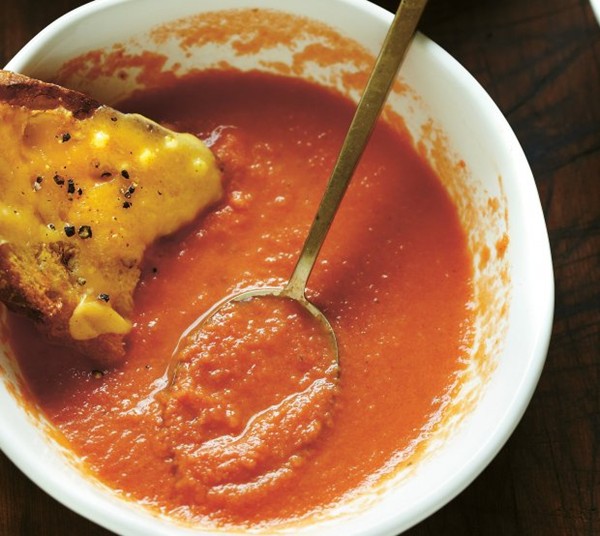 Tomato-orange soup with grilled cheese croutons