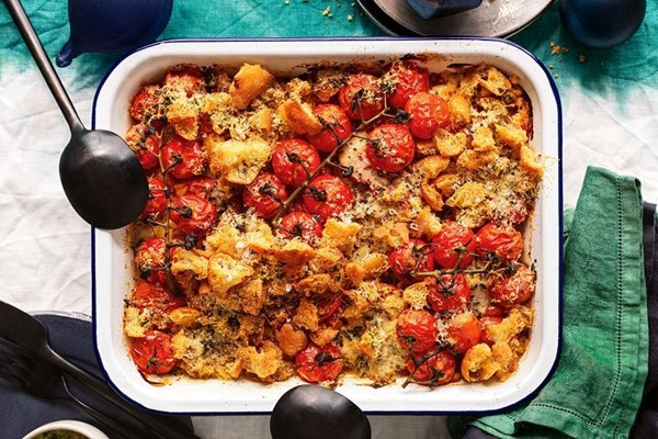 Tomato, Parmesan and caramelised garlic gratin with salsa verde