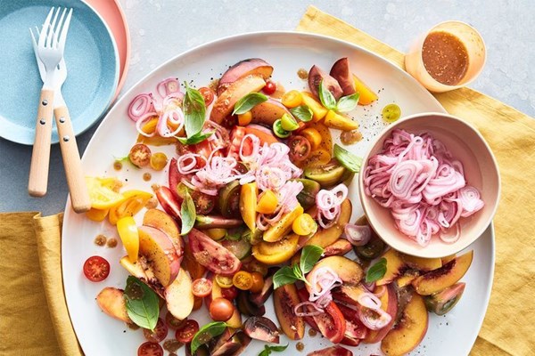 Tomato, peach and basil salad with miso sesame dressing