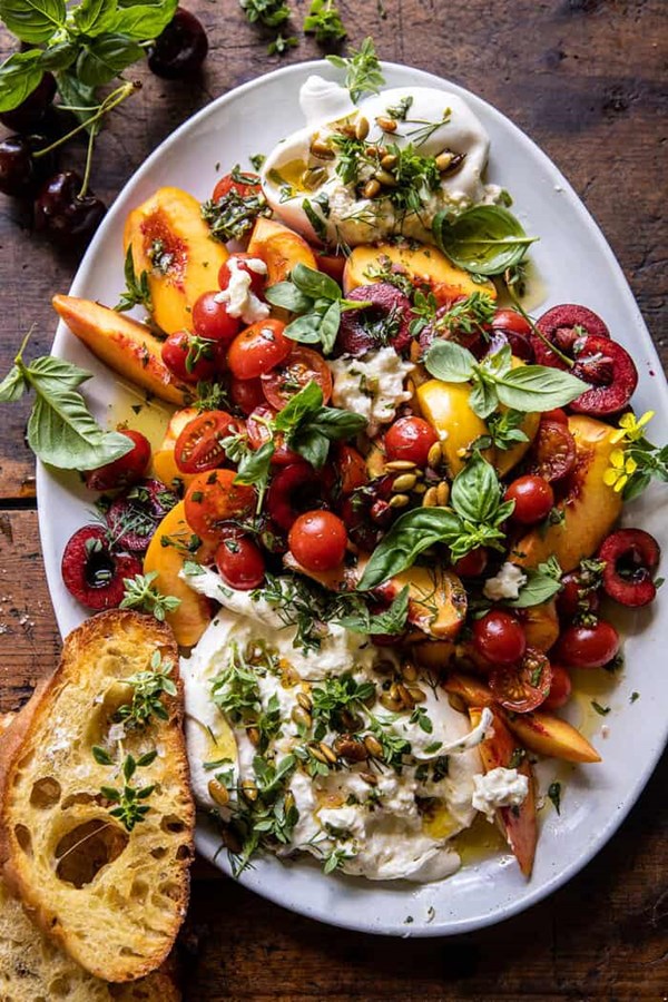 Tomato, peach, and burrata salad