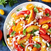 Tomato, peach, and corn salad