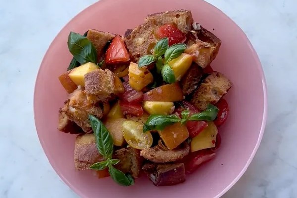 Tomato peach panzanella by Gabriella Lewis