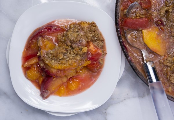 Tomato-peach-plum crisp