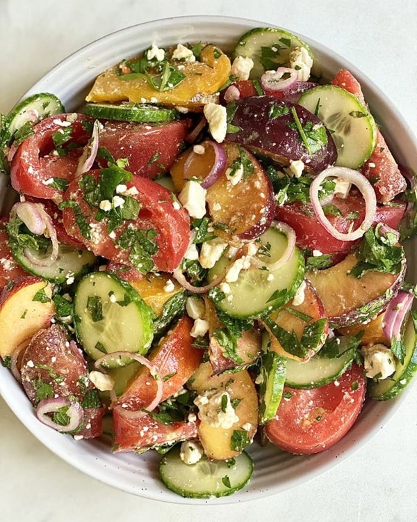 Tomato-peach salad with feta and cucumber