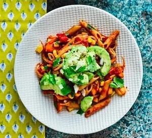 Tomato penne with avocado