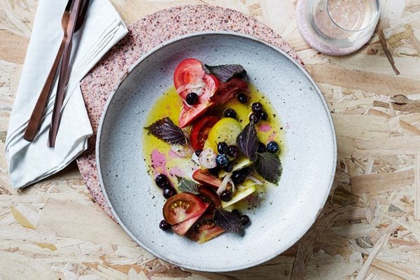 Tomato, pickled blueberry and perilla