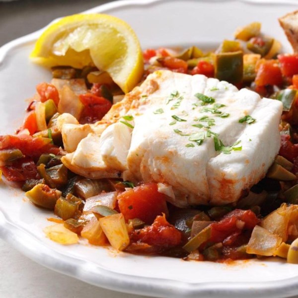 Tomato-poached halibut