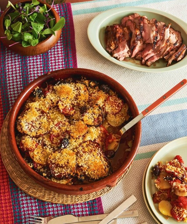 Tomato, potato & black olive bake