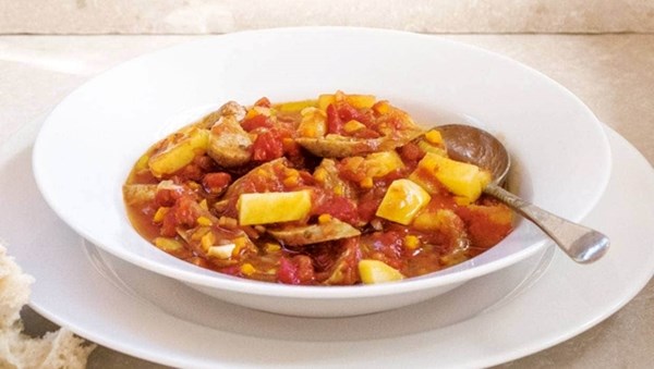 Tomato, potato and sausage soup