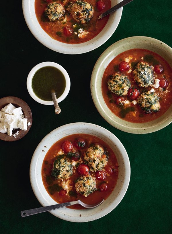 Tomato quinoa soup with feta & spinach dumplings