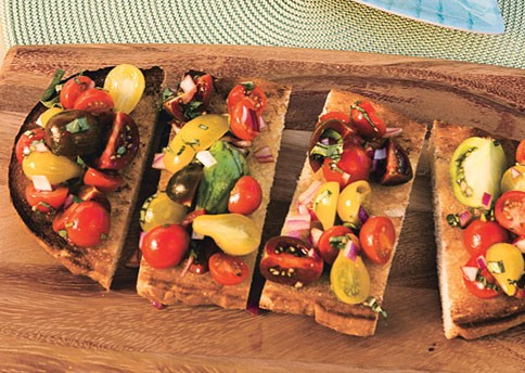 Tomato, red onion, and basil bruschetta