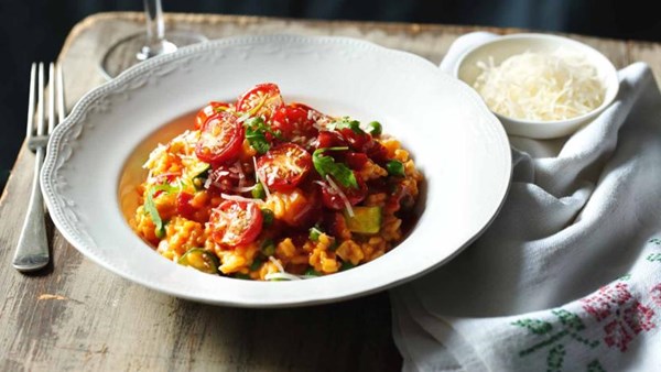 Tomato risotto, summer vegetables