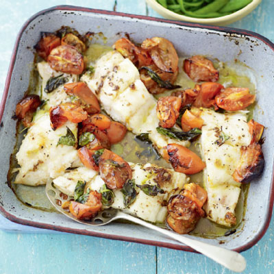 Tomato-roasted pollack with steamed greens