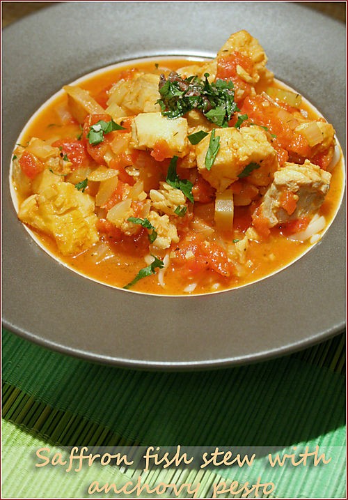 Tomato saffron fish stew with anchovy pesto