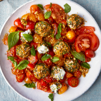 Tomato salad with herb, labneh and dukkah