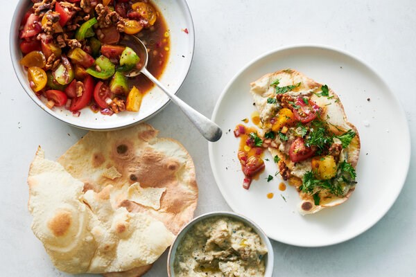 Tomato salad with smoky eggplant flatbread
