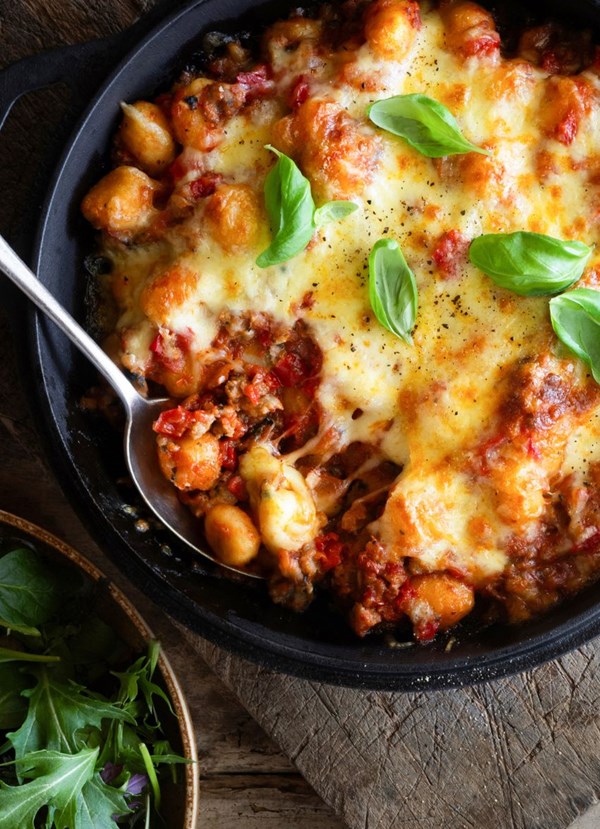 Tomato, sausage and chilli baked gnocchi