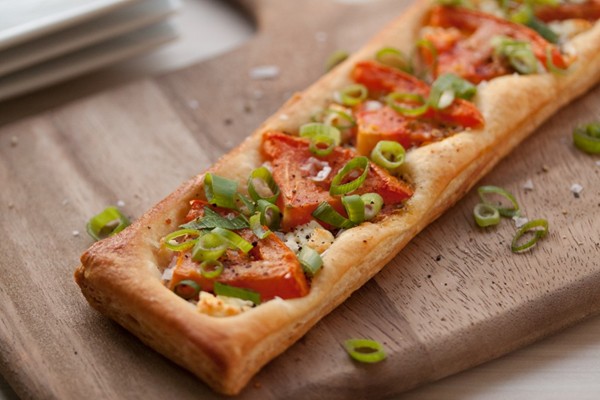 Tomato, scallion and goat cheese puff pastry tart